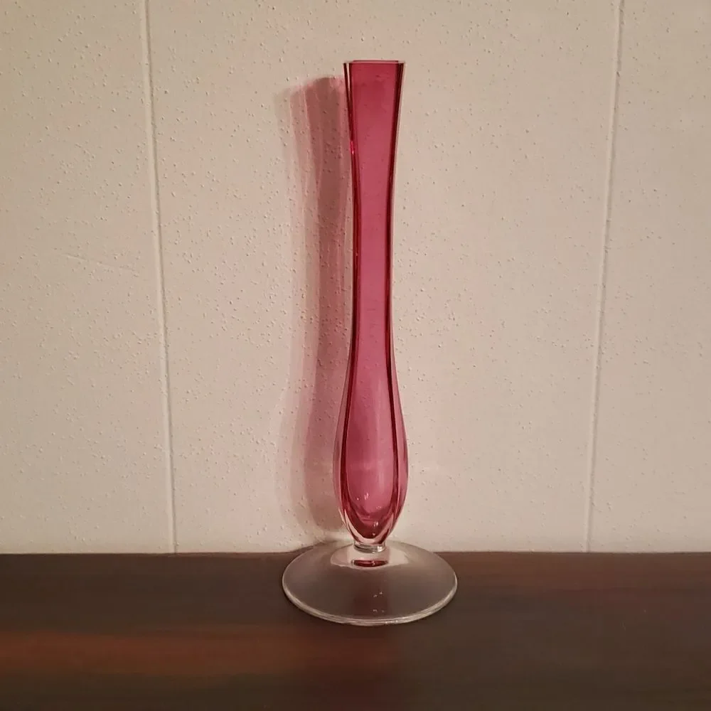 Vintage Beautiful Val St Lambert Cranberry Glass Flower Bud Vase Clear Base